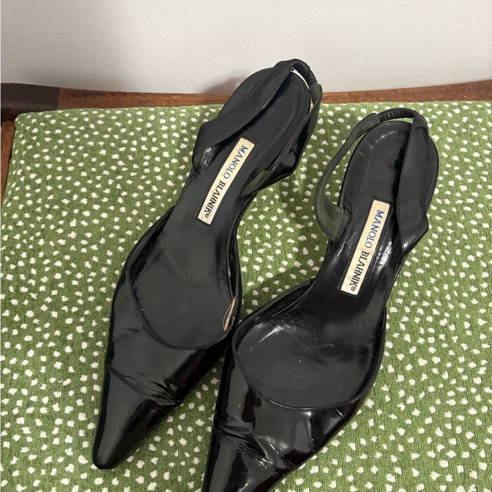 Manolo Blahnik Black Patent Pointed Slingback Pumps
